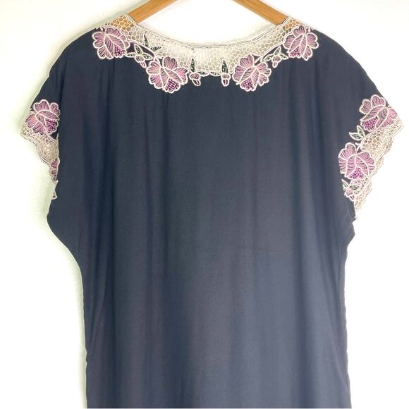 Vintage Embroidered Black Dress White Floral Lace Rayon Dress Pink Green - Picture 4 of 9